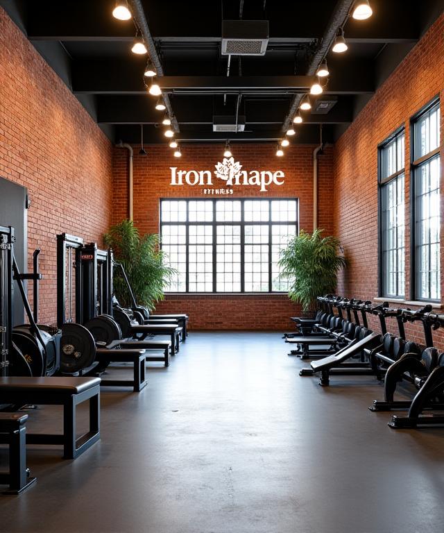The interior of Iron Maple Fitness, showing exposed brick and modern equipment in natural light.