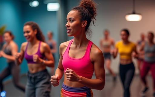 A diverse group of people participating in a high-energy fitness class.