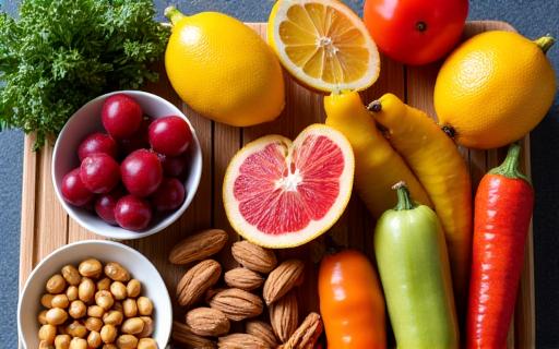 A colourful arrangement of healthy foods like fruits, vegetables, and nuts.